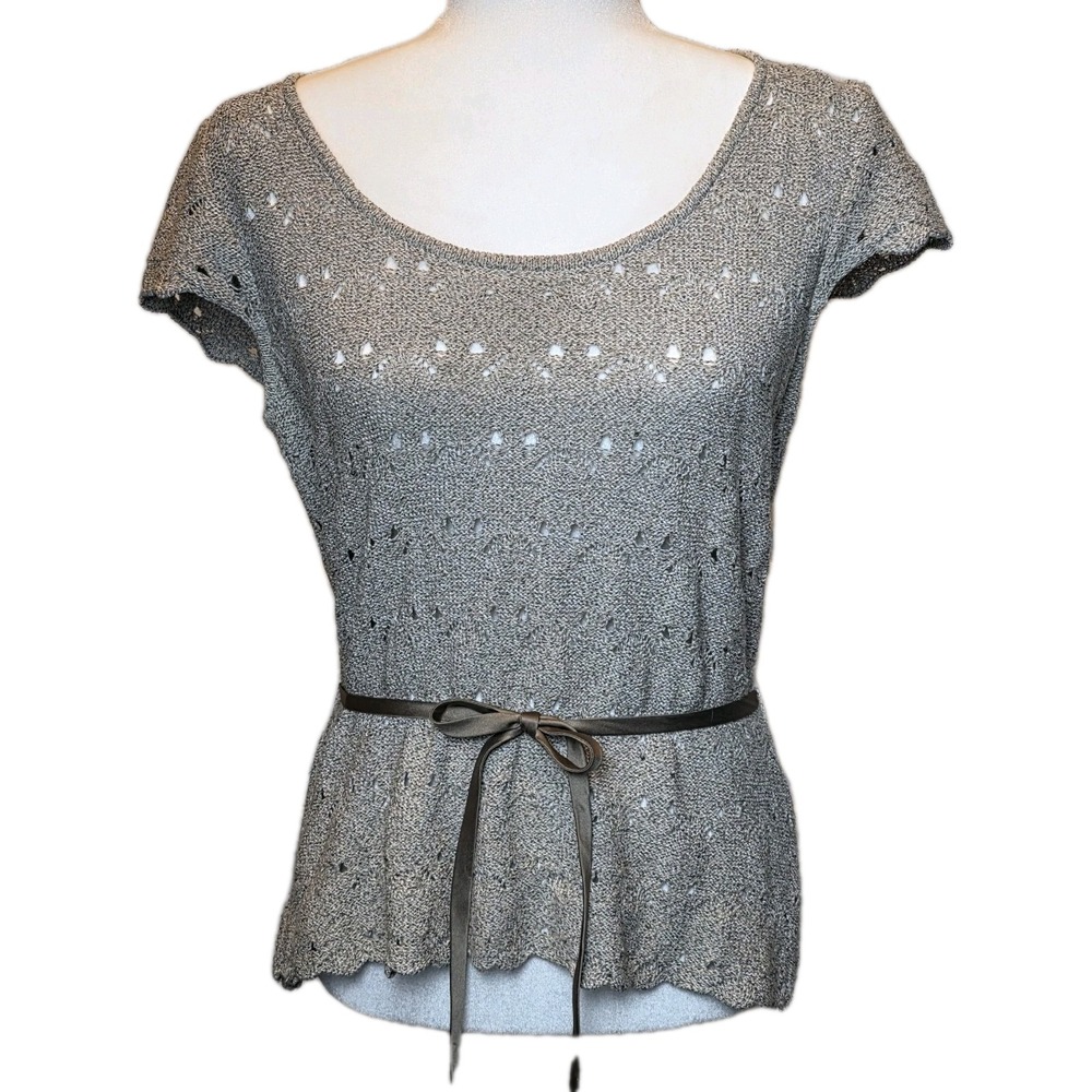 St John Sweater Belted Open Knit Top Small‎ Oatmeal Beige Eyelet Short Sleeve
